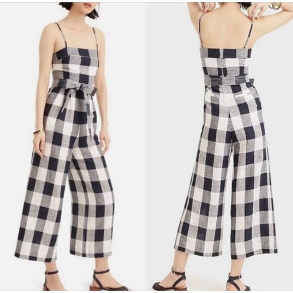 J.Crew Navy Linen Gingham Jumpsuit Sz 10 Cottagecore Coastal Cowgirl Preppy - Picture 1 of 9